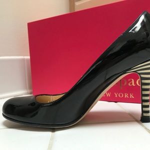 Kate Spade Karolina black patent pump striped heel